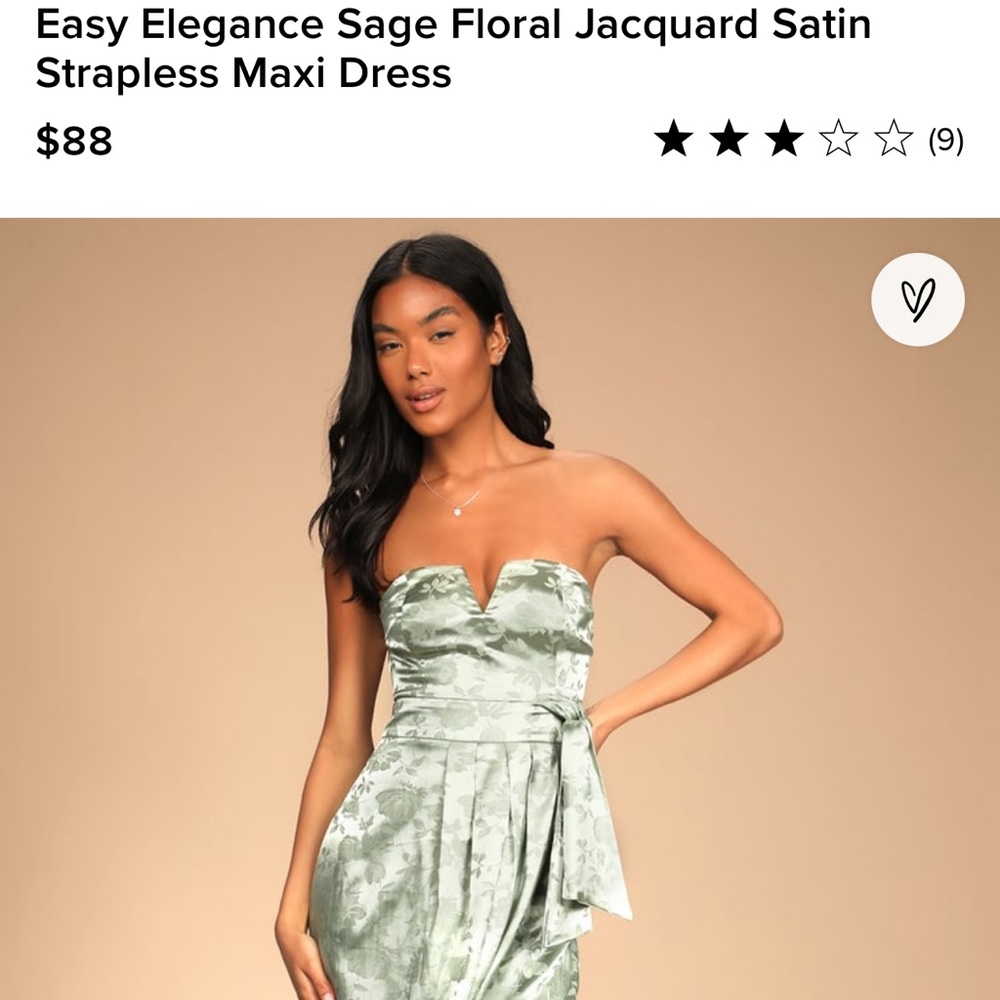 NWOT easy elegance sage floral jacquard satin strapless maxi dress